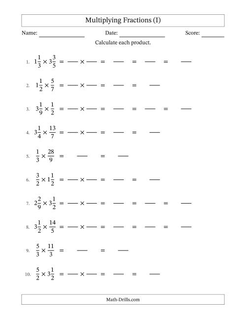 The Multiplying Proper, Improper and Mixed Fractions with Some Simplification (Fillable) (I) Math Worksheet