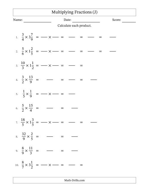 The Multiplying Proper, Improper and Mixed Fractions with Some Simplification (Fillable) (J) Math Worksheet