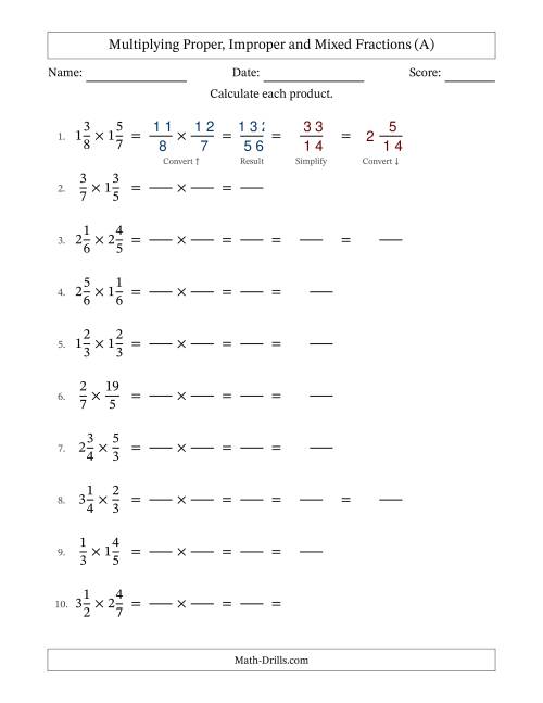 The Multiplying Proper, Improper and Mixed Fractions with Some Simplifying (Fillable) (All) Math Worksheet