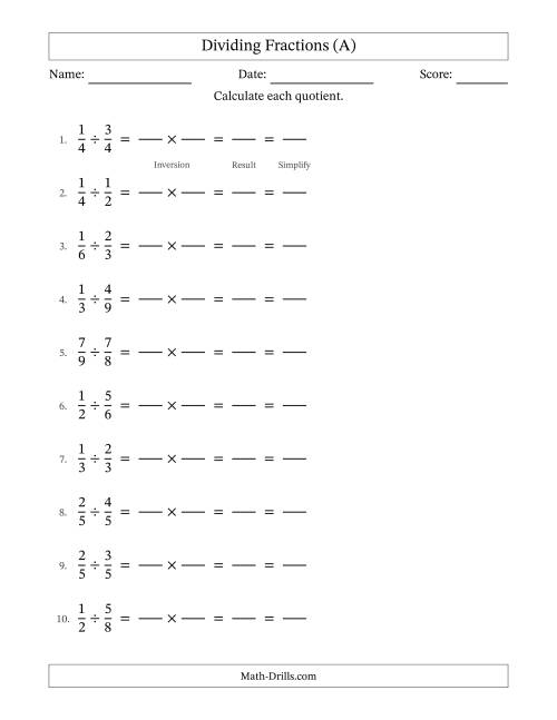 The Dividing Two Proper Fractions with All Simplifying (Fillable) (A) Math Worksheet