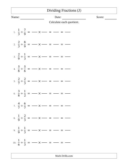 The Dividing Two Proper Fractions with All Simplification (Fillable) (J) Math Worksheet