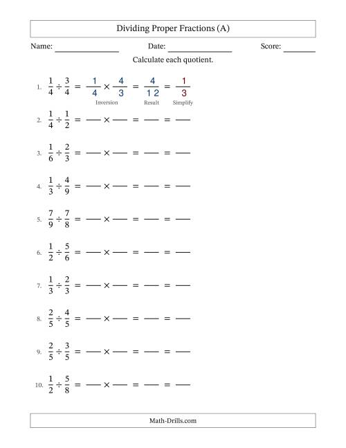 The Dividing Two Proper Fractions with All Simplifying (Fillable) (All) Math Worksheet