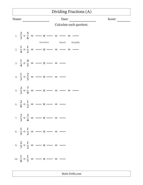 The Dividing Two Proper Fractions with Some Simplifying (Fillable) (A) Math Worksheet
