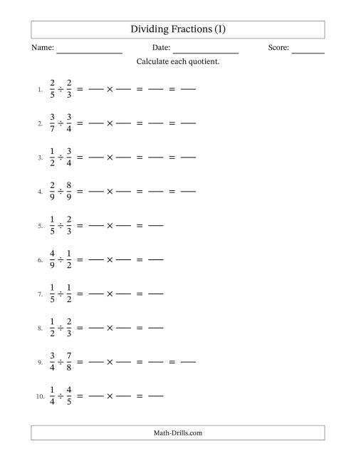 The Dividing Two Proper Fractions with Some Simplification (Fillable) (I) Math Worksheet