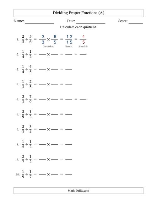 The Dividing Two Proper Fractions with Some Simplifying (Fillable) (All) Math Worksheet