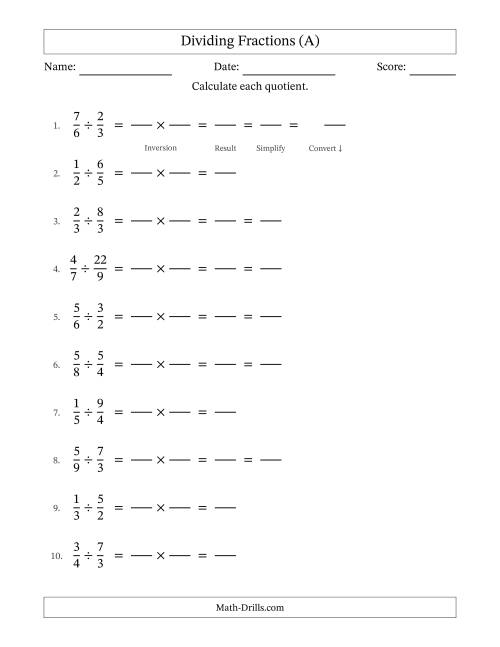 The Dividing Proper and Improper Fractions with Some Simplifying (Fillable) (A) Math Worksheet