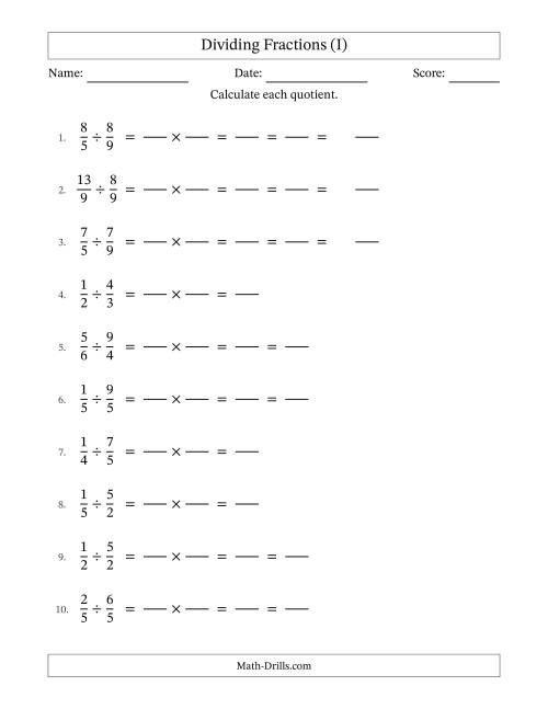 The Dividing Proper and Improper Fractions with Some Simplification (Fillable) (I) Math Worksheet