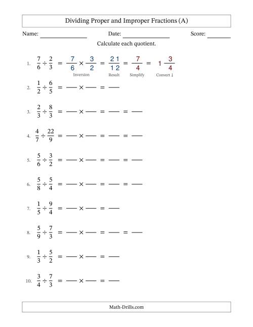 The Dividing Proper and Improper Fractions with Some Simplifying (Fillable) (All) Math Worksheet