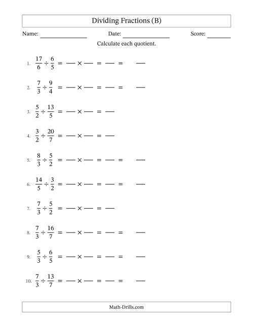 The Dividing Two Improper Fractions with No Simplification (Fillable) (B) Math Worksheet