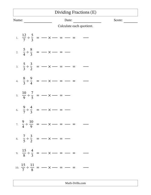 The Dividing Two Improper Fractions with No Simplification (Fillable) (E) Math Worksheet