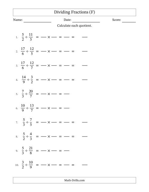 The Dividing Two Improper Fractions with No Simplification (Fillable) (F) Math Worksheet