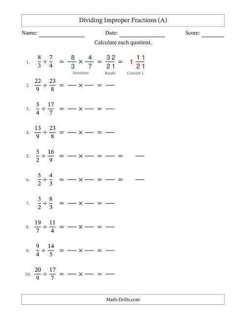 The Dividing Two Improper Fractions with No Simplifying (Fillable) (All) Math Worksheet