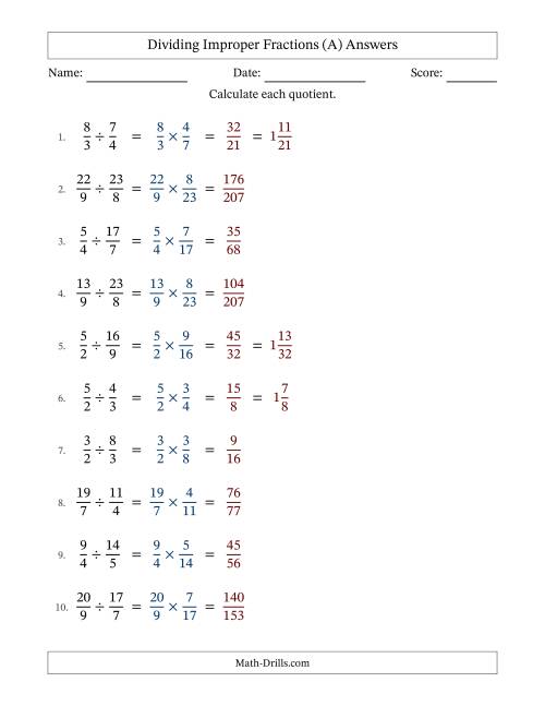 The Dividing Two Improper Fractions with No Simplifying (Fillable) (All) Math Worksheet Page 2