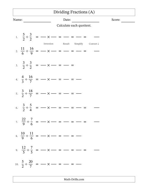 The Dividing Two Improper Fractions with All Simplifying (Fillable) (A) Math Worksheet