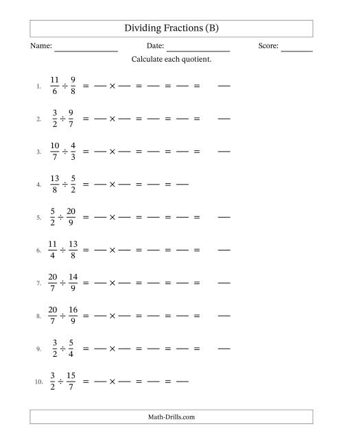 The Dividing Two Improper Fractions with All Simplification (Fillable) (B) Math Worksheet