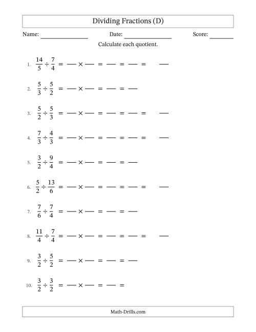 The Dividing Two Improper Fractions with All Simplification (Fillable) (D) Math Worksheet