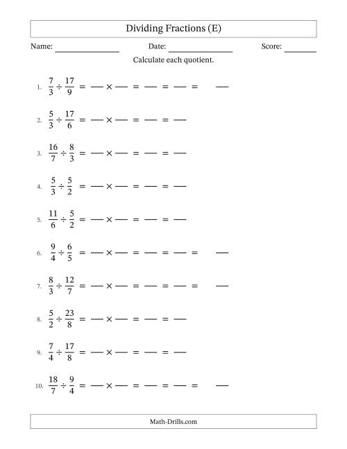 The Dividing Two Improper Fractions with All Simplification (Fillable) (E) Math Worksheet