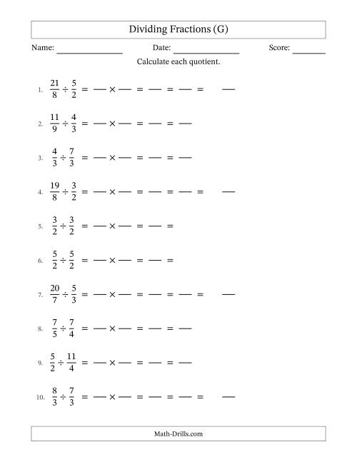 The Dividing Two Improper Fractions with All Simplification (Fillable) (G) Math Worksheet