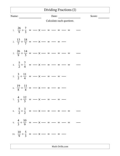 The Dividing Two Improper Fractions with All Simplification (Fillable) (I) Math Worksheet