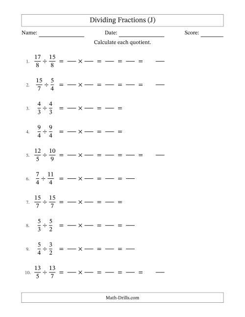 The Dividing Two Improper Fractions with All Simplification (Fillable) (J) Math Worksheet