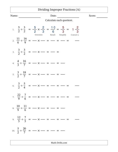 The Dividing Two Improper Fractions with All Simplifying (Fillable) (All) Math Worksheet