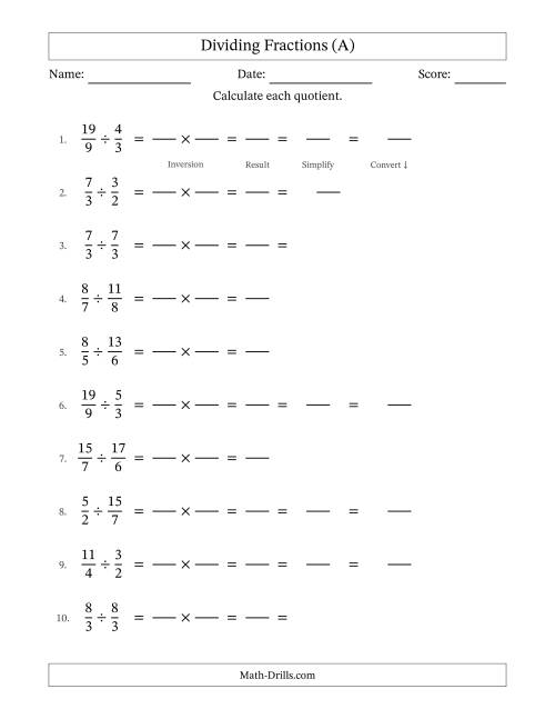 The Dividing Two Improper Fractions with Some Simplifying (Fillable) (A) Math Worksheet