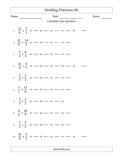 The Dividing Two Improper Fractions with Some Simplification (Fillable) (B) Math Worksheet
