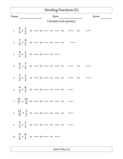 The Dividing Two Improper Fractions with Some Simplification (Fillable) (E) Math Worksheet