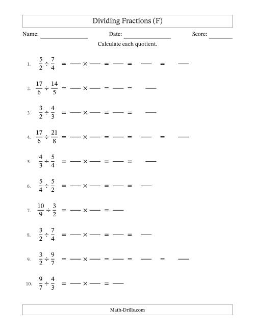 The Dividing Two Improper Fractions with Some Simplification (Fillable) (F) Math Worksheet