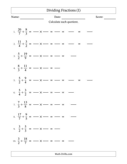 The Dividing Two Improper Fractions with Some Simplification (Fillable) (I) Math Worksheet