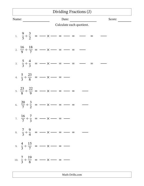 The Dividing Two Improper Fractions with Some Simplification (Fillable) (J) Math Worksheet