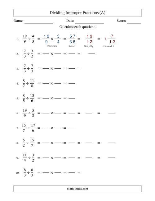 The Dividing Two Improper Fractions with Some Simplifying (Fillable) (All) Math Worksheet