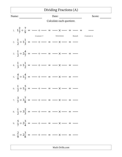 The Dividing Proper and Mixed Fractions with No Simplifying (Fillable) (A) Math Worksheet