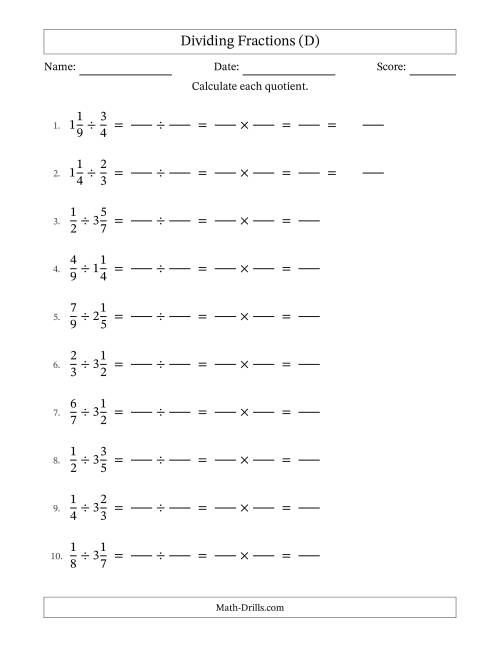 The Dividing Proper and Mixed Fractions with No Simplification (Fillable) (D) Math Worksheet