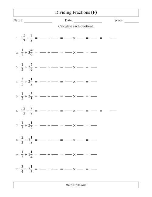 The Dividing Proper and Mixed Fractions with No Simplification (Fillable) (F) Math Worksheet