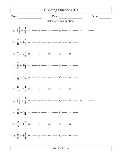 The Dividing Proper and Mixed Fractions with No Simplification (Fillable) (G) Math Worksheet