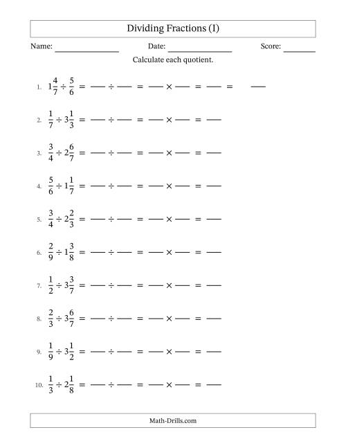 The Dividing Proper and Mixed Fractions with No Simplification (Fillable) (I) Math Worksheet