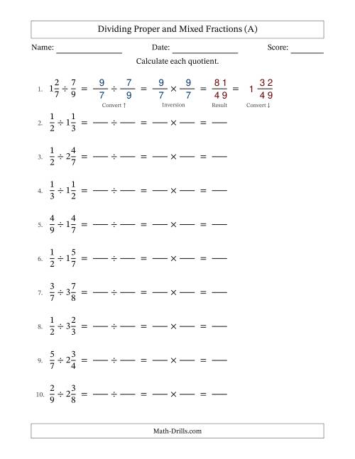 The Dividing Proper and Mixed Fractions with No Simplifying (Fillable) (All) Math Worksheet