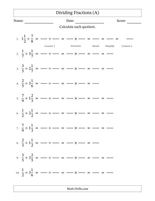 The Dividing Proper and Mixed Fractions with Some Simplifying (Fillable) (A) Math Worksheet