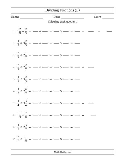 The Dividing Proper and Mixed Fractions with Some Simplification (Fillable) (B) Math Worksheet