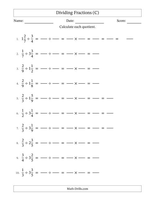 The Dividing Proper and Mixed Fractions with Some Simplification (Fillable) (C) Math Worksheet