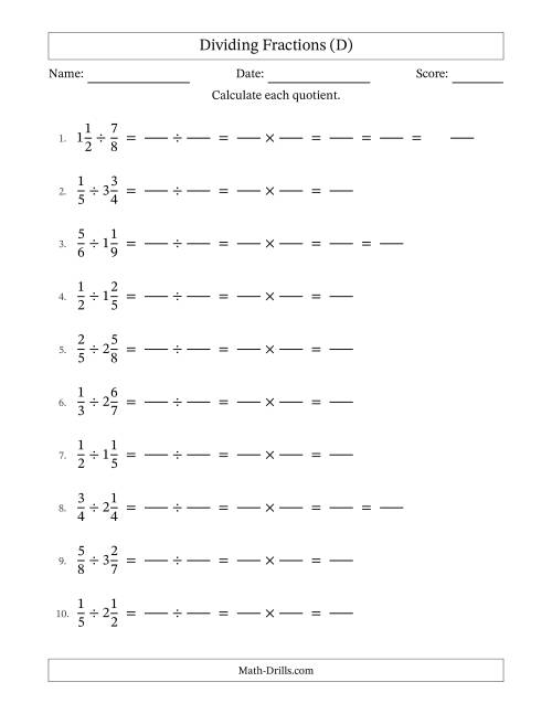 The Dividing Proper and Mixed Fractions with Some Simplification (Fillable) (D) Math Worksheet