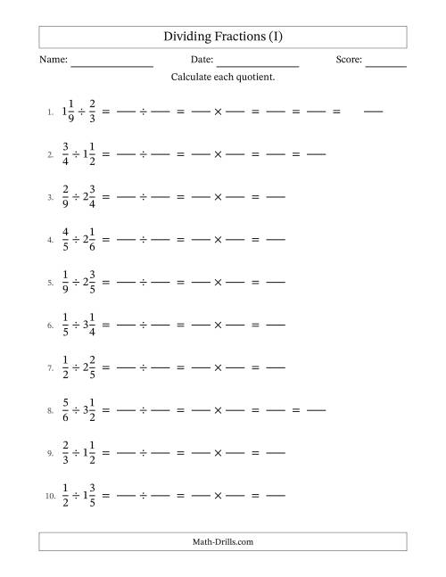 The Dividing Proper and Mixed Fractions with Some Simplification (Fillable) (I) Math Worksheet