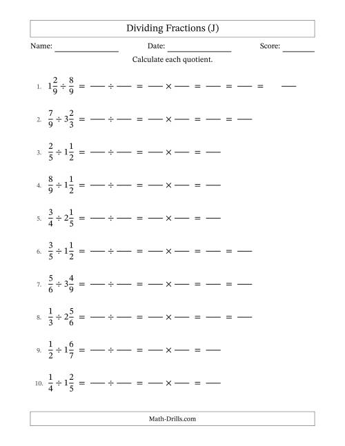 The Dividing Proper and Mixed Fractions with Some Simplification (Fillable) (J) Math Worksheet