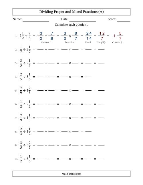 The Dividing Proper and Mixed Fractions with Some Simplifying (Fillable) (All) Math Worksheet