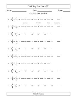 Dividing Two Mixed Fractions with No Simplification (Fillable)