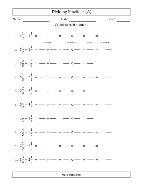 The Dividing Two Mixed Fractions with No Simplifying (Fillable) (A) Math Worksheet