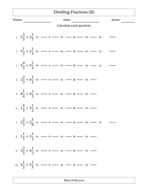 The Dividing Two Mixed Fractions with No Simplification (Fillable) (B) Math Worksheet