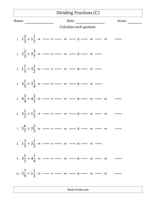 The Dividing Two Mixed Fractions with No Simplification (Fillable) (C) Math Worksheet