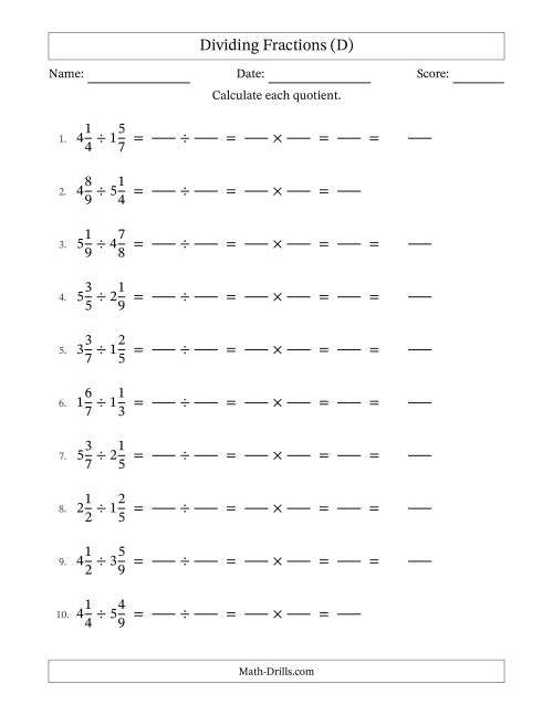 The Dividing Two Mixed Fractions with No Simplification (Fillable) (D) Math Worksheet